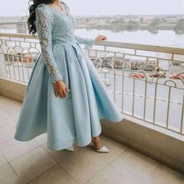 Ankle Length Long Sleeve Prom Dresses 2022 Lace Appliques Satin Formal Evening Gowns Girls Homecoming Dress Deep V-neck Special Oc241H