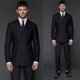 Handsome Bridegroom Suits Double Breasted Peaked Lapel Colour Black Men Tuxedos Two Pieces Jacket Pant Business Clothing Set Men231D