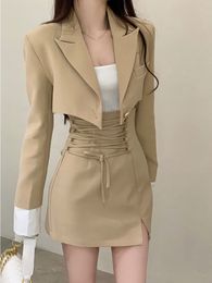 Two Piece Dress 2 Piece Dress Set Women Casual Y2k Crop Tops Elegant Jacket Coats Mini Skirts Korean Fashion Suits Autumn Blazers Dress 230720