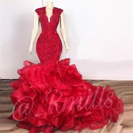 Dark Red Cascading Ruffles Prom Dresses Mermaid 2022 Lace Beaded Organza V-neck Evening Gowns Cocktail Party Dresses robes de soir275l