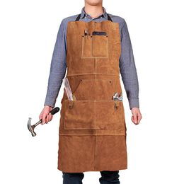 Cowhide Real Leather Work Shop Apron with 6 Tool Pockets Heat & Flame Resistant Durable Heavy Duty Welding Apron for Men Women 201257Y