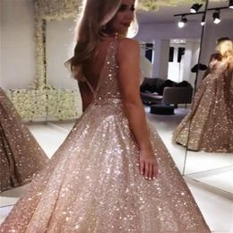 Rose Gold Sequin A Line Prom Dreses Sexy V neck Floor Length Custom MAde Sparkling SEquin Evening Party Dresses 20192838