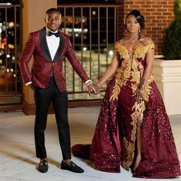 Arabic Aso Ebi Style Burgundy Sequins Prom Dresses With Gold Lace Off Shoulder Plus Size Evening Formal Party Second Reception Gow244a