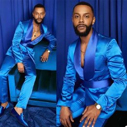 Two-Pieces Men Suits Silk Satin Tuxedos Summer Party Wear Fit Fashion Blue Business For Man Peaked Lapel Blazer Suit2672