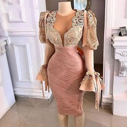 Little White Dress Long Sleeve Sheer o-neck African Women Party prom Night Autumn celebrity Dubai Rose Pink lace Cocktail evening 226j