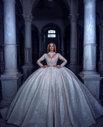 Luxury Ball Gown Wedding Dresses Long Sleeves V Neck Halter Sequins Appliques Floor Length Ruffles Zipper Beads Plus Size Bridal Gowns Dresses Vestido de novia