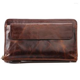 Wallets Genuine Leather Men Purse Vintage Designer Oil Wax Cowhide Clutch Money Bag Coin Pocket ID/ Male Luxury Long Wallet