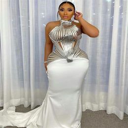 2021 Plus Size Arabic Aso Ebi White Mermaid Sexy Prom Dresses High Neck Satin Elegant Evening Formal Party Second Reception Gowns 278O