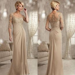 Champagne Mother of The Bride Dresses Plus Size 2023 Chiffon Half Sleeves Groom Godmother Evening Dress For Wedding New Beaded Lac246F