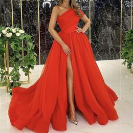 Elegant Arabic Middle East Red Blush Pink Prom Dresses One Shoulder High Side Split Formal Dress Evening Party Gowns2928