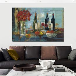 Handmade Canvas Art Fruit and Wine Floral Artwork Dining Area with Impressionistic Still Life Wall Decor
