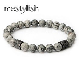 Charm Bracelets Mestylish Luxury Cubic Zirconia Geometric Hexagon Brass Beads Men Grey Onyx Stone Bracelet Pulseira Masculina245U