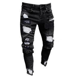 Men's Jeans Men Stretchy Ripped Skinny Biker Embroidery Print Destroyed Hole Taped Slim Fit Denim Scratched324M