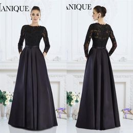 Janique Black Long Sleeves elegant Formal Dress A-Line Jewel Lace Beaded Mother of The Bride Dresses Custom Made Women Evening Wea255C