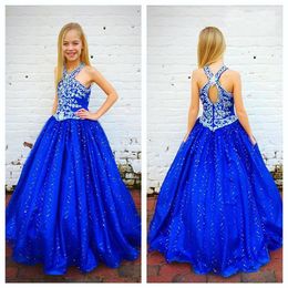 2021 Girls Pageant Dresses Royal Blue with Beaded Straps and Sexy Keyhole Back Sparkly Girls Birthday Gowns Sleeveless Custom Made343O