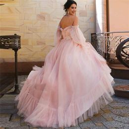 Dusty Pink Wedding Dresses Princess Off Shoulder Puff Sleeves Long Pleats Ruched Tulle A Line Bridal Gowns Vestidos De Noiva259B
