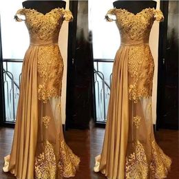 Gold Sheath Lace Evening Dresses 2020 Prom Dress Ruched Floor Length Illusion Formal Party Gowns Plus Size See Through Maxi Dress268Z