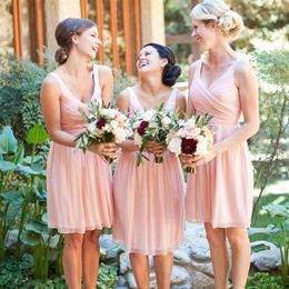 2022 Light Pink Short Bridesmaid Dresses V Neck Cheap Chiffon Country Bridesmaid Dress Sexy Wedding Guest Gowns For Weddings268E