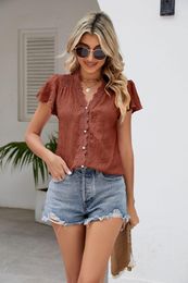 Women's Blouses Short Sleeved Lace Elegant Blouse Shirt V-neck Sleeve Cardigan Top Shirts Women Summer Tops Office Lady Plain