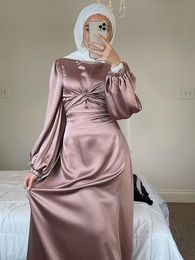 Basic Casual Dresses Eid Satin Abaya Muslim Long Dres Elegant Wrap Front Belted Hijab Modest Party Arabic Islam Turkey Abayas Ramadan 230720