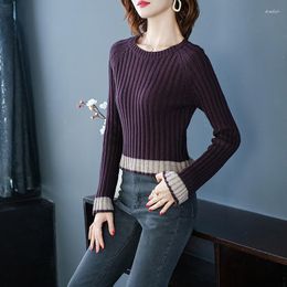 Women's Sweaters Fall Winter Fashion Womens O Neck Flare Long Sleeve Patchwork Black Grey Knit Sweater Knitting Pullover For Woman