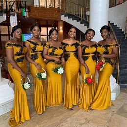Gold Mermaid Bridesmaid Dresses Black Applique Lace Wedding Party African Woman Robe Demoiselle D'honneur Wedding Guest Dress360j