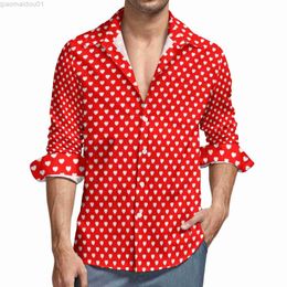 Men's Casual Shirts Red White Heart Shirt Polka Dot Valentines Day Casual Shirts Long Sleeve Graphic Y2K Blouses Autumn Vintage Oversized Clothing L230721