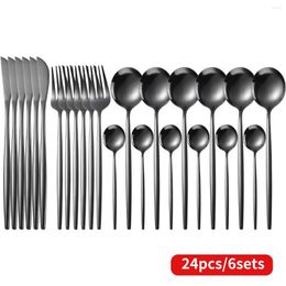 Dinnerware Sets 24pcs Black Set Stainless Steel Cutlery Fork Knife Spoon Flatware Tableware Silverware Bright Light