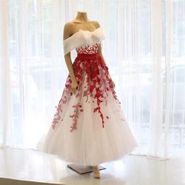 Vintage Design White and Red Wedding Dresses Big Bow Off Shoulder Floral Lace Bridal Gowns Ankle Length vestido de noiva2044