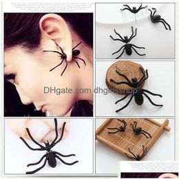 Charm 3D Spider Earring Black Ear Stud Funny Style Weird Design Punk Jewellery Accessories For Women Men Halloween Decoration Drop Del Dhhtf