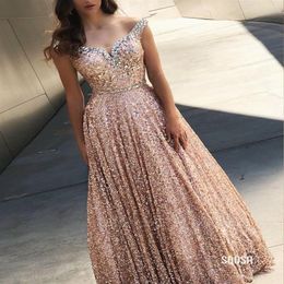 Fashion Rose Gold Sequined Bling Prom Dresses Evening Gowns off the shoulder Beaded Backless Crystal Cocktail Pageant Dress Cheap267p