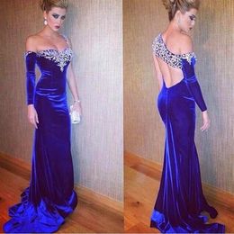 Royal Blue Velvet Mermaid Evening Dress 2022 New Sweetheart One Shoulder Crystal Beaded Long Sleeve Sexy Formal Gown For Prom Part250H