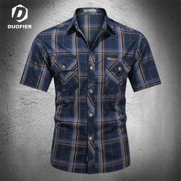 Men's Casual Shirts 2023 New Mens Plaid Cargo Shirt Men Casual Short Sleeve Breathable Shirts Multi Pocket Work Camisa Blouse Cotton Plus Size 5XL L230721