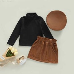 Clothing Sets Clothing Sets 1 6Y Kids Girls Autumn Winter Clothes Set Baby Long Sleeve Knit Tops Sweater PU Leather Skirts Beret Hat Children Z230726