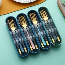 Dinnerware Sets 304 Stainless Steel Picnic Cutlery Set Portable Travel Square Chopsticks Flat Fork Spoon With Box Kitchen Accessories