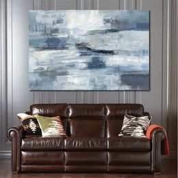 Contemporary Village Landscape Clear Water Indigo and Grey Handmade Abstract Canvas Art for Hotel Lobby Wall