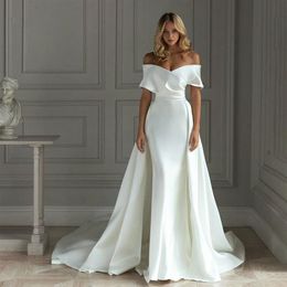 2021 Satin Mermaid Wedding Dress With Detachable Train Off Shoulder Floor Length Bride Dresses Vestido De Noiva2669