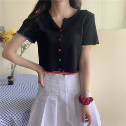 Women's Knits Women O-Neck Shirts Knitted Casual Short Sleeve Thin Colourful Buttons Summer Tops