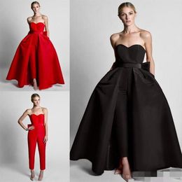 Fashion Red Detachable Train Evening Prom Dresses Cheap Jumpsuits Bows Sweetheart Simple Satin Pants Suits Whole Zuhair Murad291b