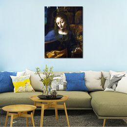 High Quality Leonardo Da Vinci Painting the Head of the Virgin of the Rocks Handmade Canvas Art Modern Restaurant Decor