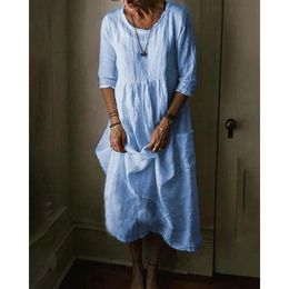 Basic Casual Dresses Cotton Linen Casual S-5XL Solid Colour O-neck Half Sleeve Women Long Dress Vintage Large Size A-line Dress Summer Autumn Dresses 230720