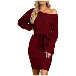 Casual Dresses Knitted Wrapped Hip Mini Women'S Evening Party Sexy Off Shoulder Bandage Dress Solid Colour Streetwear Vestidos