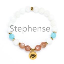 MG0702 New Design 8 mmMoonstone Lotus Yoga Bracelet Women's Sunstone Energy Bracelet Trendy Chakra Yoga Mala Bracelet249F