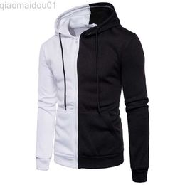 Men's Hoodies Sweatshirts Mens Hoodie half white half black patchwork hoodies and sweatshirts Men Hip Hop hooded Tracksuits L230721