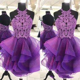 2020 Purple A Line Homecoming Dresses Sexy Halter Mini Short Organza Crystal Backless Bling Short Prom Dresses Junior Party Cockta2213