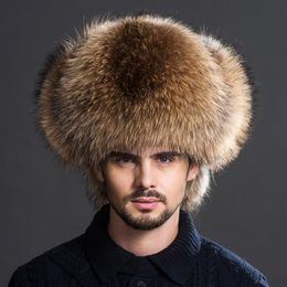 Winter Mens 100% Real Silver Fox Fur Bomber Hat Raccoon Furs Ushanka Cap Trapper Russian Man Ski Hats Caps Real Leather221M