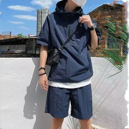 Men's Tracksuits Oversized 2Pcs Men Summer Tracksuit Shorts Set Hooded Zipped T Shirt Matching Solid Cargo Casual Suit Male Clothes 230720