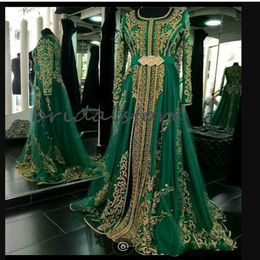 Green Moroccan Caftan Evening Dresses Elegant Muslim Abaya Dubai Evening Gown Applique Beaded Long Sleeve Prom Dresses Formal Even261O
