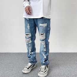 Men's Jeans Harajuku Frayed Hole Straight Washed Retro Baggy High Street Ripped Hip Hop Casual Oversized Denim Trousers