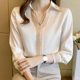Women's Blouses V-neck Women Shirt Embroidery Stitching Blouse Stylish Lapel Pullover Embroidered Loose Fit Work For A